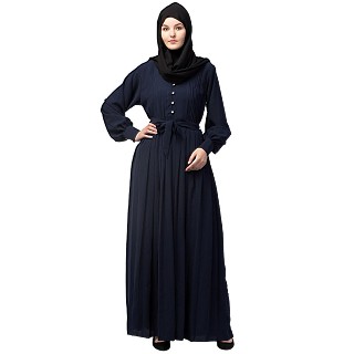 Pleated abaya with fashionable buttons - Navy blue